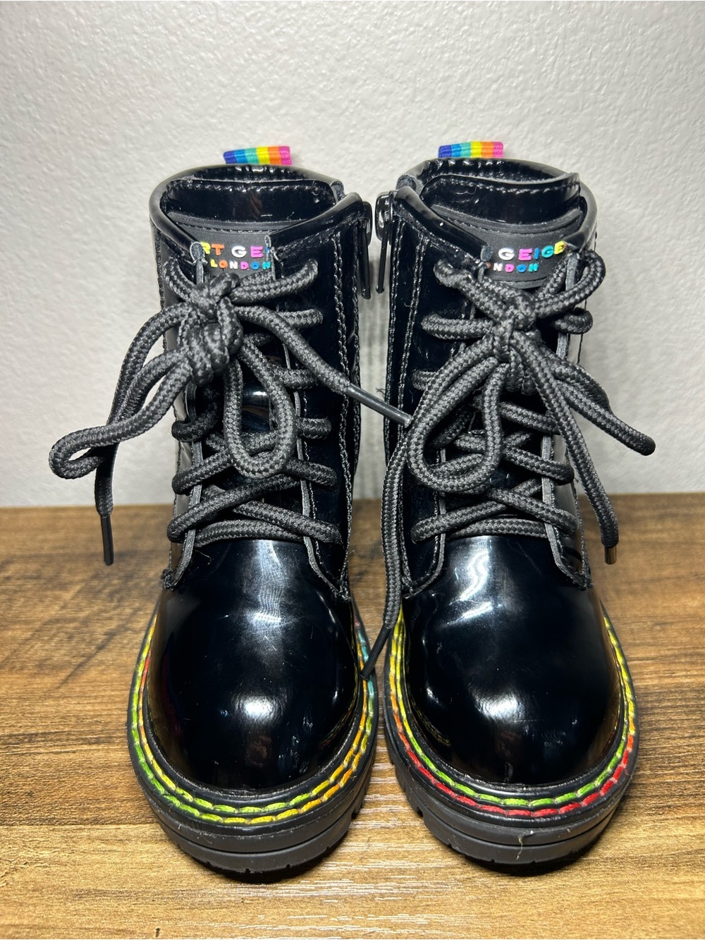 Kurt Geiger Black Patent Kids Lace-Up Boots with Rainbow Trim